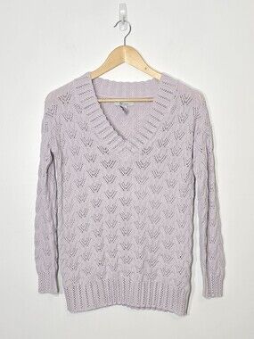 Revamped 100% Cotton Knitted Coquette Long Sleeve Lilac V-Neck Sweater Sz Small